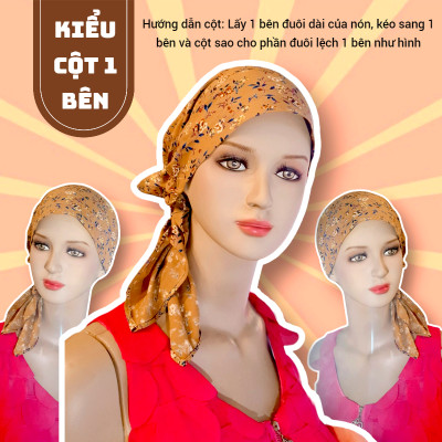 Nón hóa trị vải mềm mát, hút mồ hôi, bệnh nhân ung thư, chemo hat, cancer hat, nón trùm đầu, mũ vải [KIỂU ĐUÔI XÒE-CAM ĐEN HỌA TIẾT]