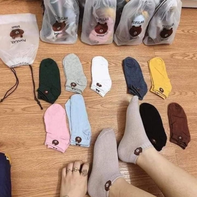 Túi 10 đôi tất hoa cúc , gấu nữ ,cổ ngắn nhiều màu dễ thương vải cotton đẹp và bền kèm túi dây rút xinh xắn cute cho phái nữ