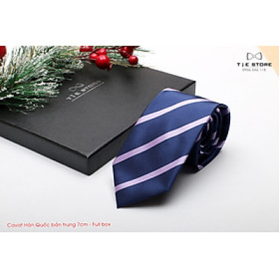 Cà Vạt Nam Bản Trung 7Cm Xanh kẻ - Cavat Hàn Quốc Cao Cấp Full Box