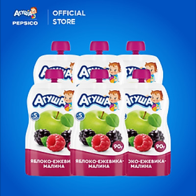 Combo 6 Gói Trái cây nghiền vị táo, mâm xôi đen và mâm xôi đỏ Agusha 90g/gói dành cho bé từ 6 tháng trở lên