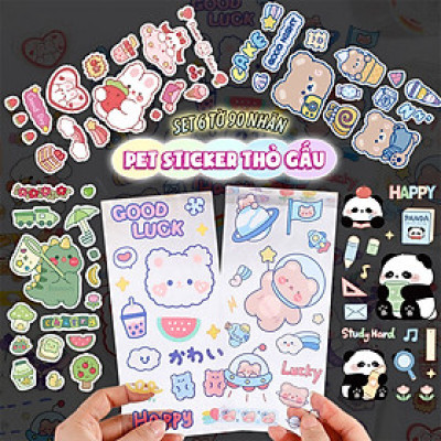 SET 6 Tờ 90 Nhãn Dán Sticker Thỏ Gấu Chuột PET Trong Suốt Cute Không Thấm Nước Trang Trí Dễ Thương
