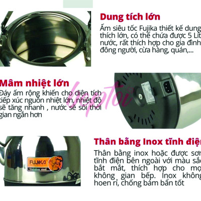 Ấm siêu tốc , bình đun siêu tốc , ấm đun siêu tốc 5L bền đẹp nấu nước an toàn thân ấm inox cao cấp tự ngắt, Công Suất 1500W, Tiết Kiệm Điện hàng nhập khẩu