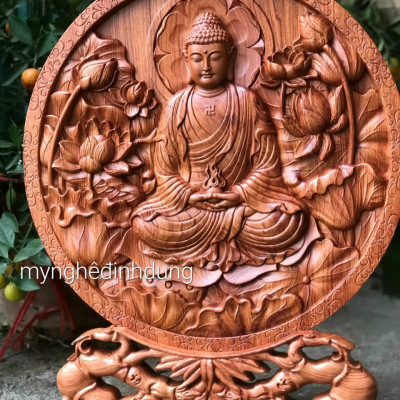 ĐĨA KHẮC PHẬT ADI ĐÀ BẰNG GỖ HƯƠNG ĐÁ KT 45CM 
