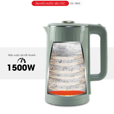 Ấm siêu tốc Gali GL-18A3 1.8L. Thiết kế 2 lớp cách nhiệt, Inox 304. Hàng chính hãng, bảo hành 24 tháng
