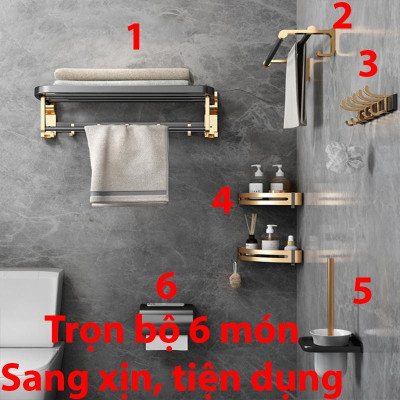 6 Món Kệ nhà tắm treo khăn tắm sang trọng, giá treo phòng tắm ,chất liệu Nhôm Hàng Không Cao Cấp
