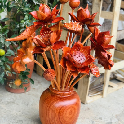2 Bình hoa sen gỗ hương đỏ 17 bông ,trang trí phòng khách ,phòng thờ siêu đẹp  