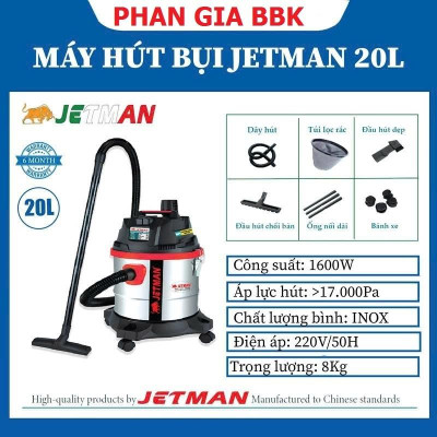 Máy Hút Bụi Công Nghiệp JETMAN 20L, Công Suất 1600W, Mô Tơ 100% Dây đồng, Bảo Hành 1 Năm