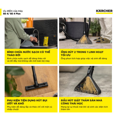 (Sản xuất Châu Âu) Máy giặt thảm, Sofa Karcher SE 4 Plus - Công suất 1000W - Làm sạch thảm, sofa và hút bụi đa năng dùng cho gia đình - Hàng Chính Hãng