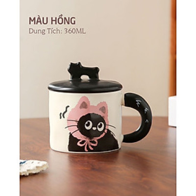 Ly Gốm sứ Mèo kèm nắp Mèo dễ thương 360ml