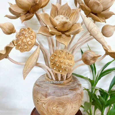 1 Bình hoa sen 21 cành ,trang trí phòng thờ ,phòng khách bằng gỗ ngọc am để mộc lên tuyết thơm phức đẹp long lanh 