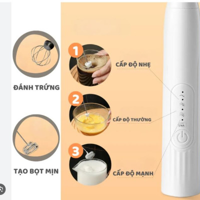 Máy đánh trứng, tạo bọt mini cầm tay 3 tốc độ dùng pin sạc - hàng chính hãng