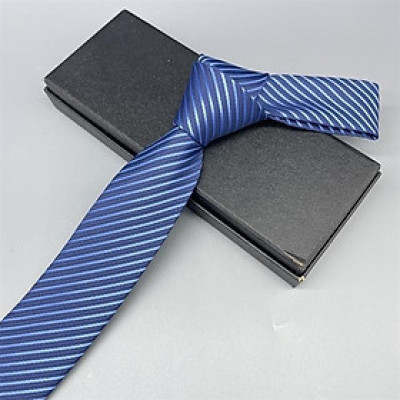 Cà vạt nam bản nhỏ 6cm màu xanh kẻ sáng mẫu tự thắt