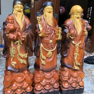 Bộ tượng phật tam đa phúc lộc thọ bằng gỗ hương đá ,tô làm mầu giả cổ kt 30×11×9cm