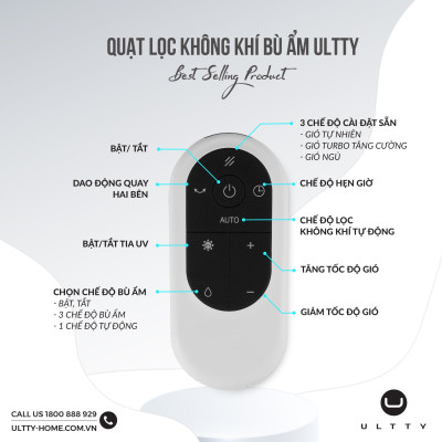 [Nhập CECAMP300KD1 giảm 300K] Combo Máy Lọc Không Khí Bù Ẩm ULTTY SKJ - CR022 Dạng Quạt, Khử Khuẩn Bằng Tia UV + Màng lọc HEPA H14 Nano Phân Tử Bạc - Hàng Chính Hãng
