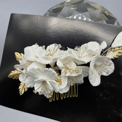 Cài tóc cô dâu hoa đất sét trắng có sẵn xược cài mã 002 - 15cm