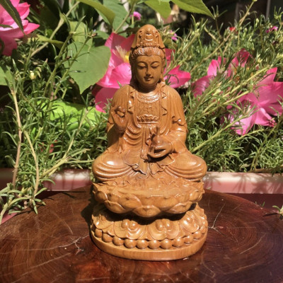 Tượng tây phương tam thánh mini bằng gỗ bách xanh thơm nức kt cao 15×9cm