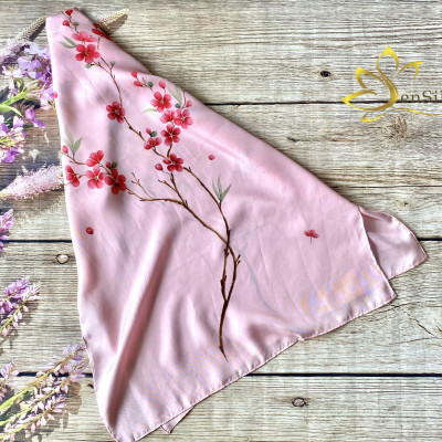 Khăn Choàng Cổ Lụa Cao Cấp Vẽ Hoa Đào SenSilk 180x55cm, Tơ Lụa Bảo Lộc Cao Cấp, Khăn Quấn Cổ Thời Trang Cao Cấp