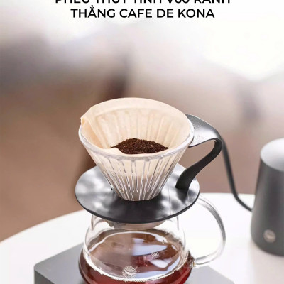 Phễu thuỷ tinh V60 rãnh thẵng đế nhựa đen CAFE DE KONA