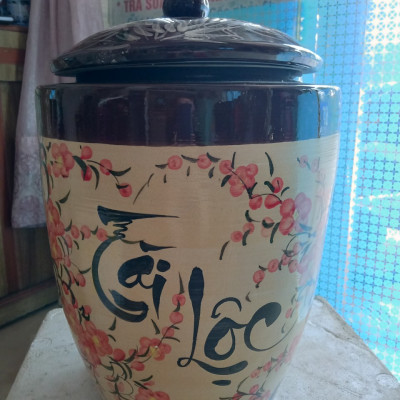 Hũ đựng gạo tài lộc nắp nhọn gốm sứ Bát Tràng loại 15Kg