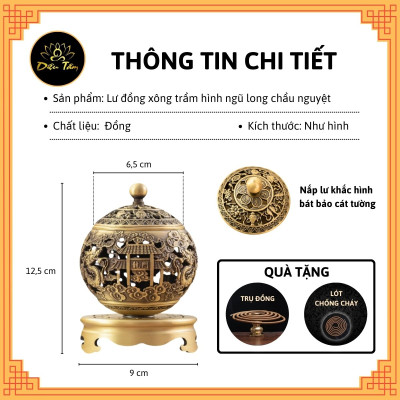 Lư xông trầm hương Lư đồng hình ngũ long chầu nguyệt lư đốt trầm tặng trụ, lót chống cháy thờ cúng phong thủy - lư xoay
