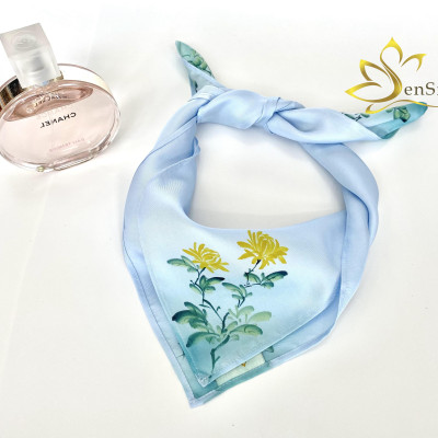Vải Lụa Tơ Tằm Vẽ Cúc Vàng SenSilk 55x55cm - Phụ Kiện Thời Trang Sang Trọng, Nơ Buộc Tóc Thời Trang