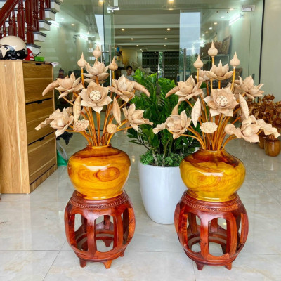 1 Bình hoa sen gỗ hương đỏ, trang trí phòng khách ,phòng thờ ,25 cành hoa lá gương bằng gỗ ngọc am thơm phức  