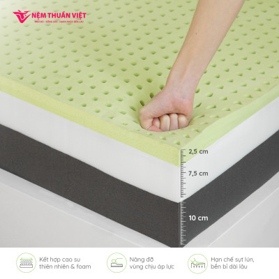 Nệm Foam Latex Thuần Việt Hybrid 20cm - Kết Cấu Đa Tầng, Nâng Đỡ Êm Ái, Bảo Vệ Cột Sống Khỏe, Công Nghệ Trà Xanh Kháng Khuẩn, Khử Mùi