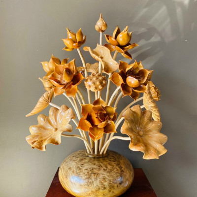 1 Bình hoa sen bằng gỗ pơmu 19 cành hoa lá gương ,trang trí phòng khách ,phòng thờ tuyệt đẹp