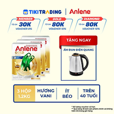 Bao bì mới - Combo 3 Sữa Bột Anlene Gold Hương Vanilla (Hộp giấy 1200g) tặng ấm đun Điện Quang