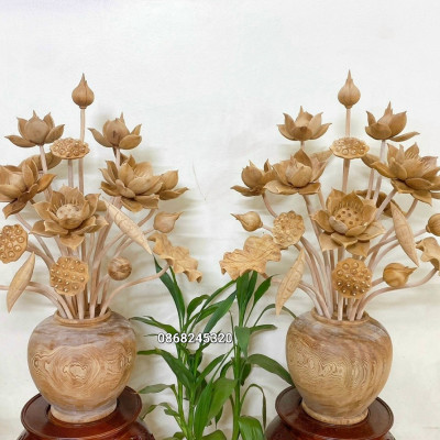 1 Bình hoa sen 21 cành ,trang trí phòng thờ ,phòng khách bằng gỗ ngọc am để mộc lên tuyết thơm phức đẹp long lanh 