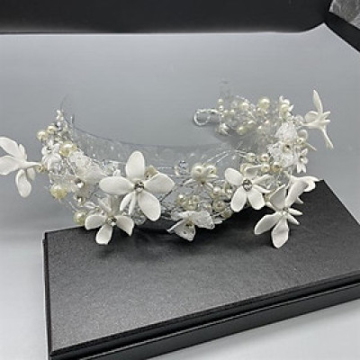 Băng đô cài tóc cô dâu hạt trai đính hoa nơ ren