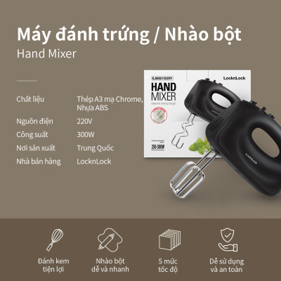 Máy đánh trứng Lock&Lock Hand Mixer EJM501DGRY 250-300W - Hàng chính hãng