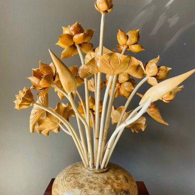 1 Bình hoa sen bằng gỗ pơmu 19 cành hoa lá gương ,trang trí phòng khách ,phòng thờ tuyệt đẹp