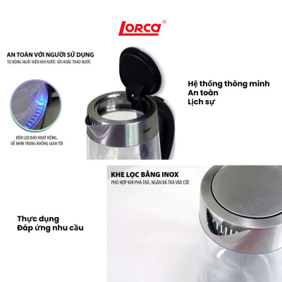 Ấm Đun Siêu Tốc 2 Lớp 1.7L Lorca TA 3006A Hàng Chính Hãng Ấm Đun Nước Thủy Tinh Inox Đun Nhanh, Công Suất Lớn 2200W