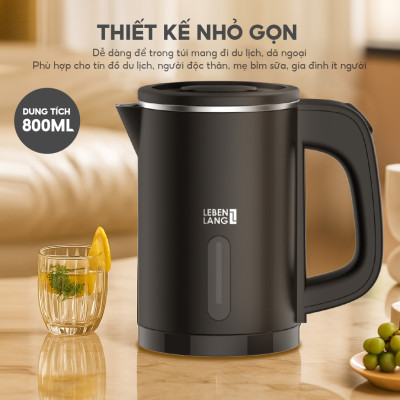 Ấm Siêu Tốc Mini Lebenlang LBL2318, 800ml, Inox, Công Suất 1000W, Tự Ngắt, Đèn Báo, Nhỏ Gọn - Hàng chính hãng