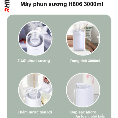Máy phun sương tạo ẩm tinh dầu cỡ lớn Rhino H806 3000ml, 2 lõi phun, dung tích lớn cho không gian rộng - Hàng chính hãng