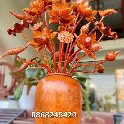 2 bình hoa sen 25 bông phong thủy trang trí phòng khách phòng thờ bằng gỗ hương đá cực đẹp 