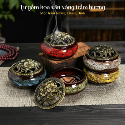 Lư gốm sứ Hoa Văn Xông đốt nụ vân mây nhang Trầm Hương kèm đế lót bông - Mộc Trầm Hương Khang Bình