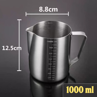 Ca đánh sữa pha chế đồ uống dành cho nhà hàng khách sạn quán bar  - ca inox 304 đánh sữa có quai, chia vạch CNC dõ nét chính sác dành cho cà phê Cappuccino/Latte