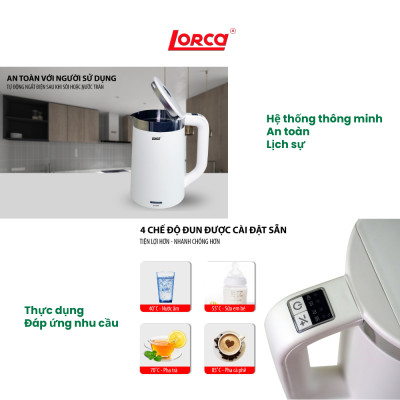 Ấm Siêu Tốc Inox 2 Lớp 1.7L Lorca TA 3015P, Công Suất 2200W, Thân Chống Bỏng, Hàng Chính Hãng Mới