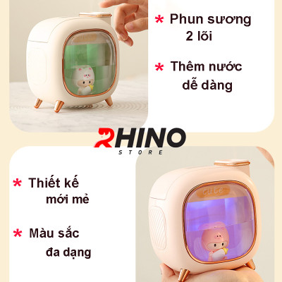 Máy phun sương, xông tinh dầu Rhino H809 500ml tạo ẩm, 2 đầu phun kèm đèn ngủ - Hàng chính hãng
