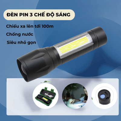 Đèn pin cầm tay  với 3 chế độ siêu sáng  kèm hộp đựng sang trọng , có zoom ,dây cắm sạc  ,chống sốc , chống nước nhỏ gọn tiện lợi