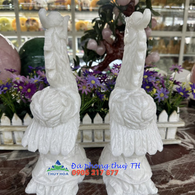 Cặp Hạc đứng rùa thờ cúng đá cẩm thạch trắng - Cao 30 cm