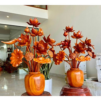 2 bình hoa sen 17 cành hoa lá gương ,trang trí phòng khách phòng thờ bằng gỗ hương đỏ đẹp long lanh 