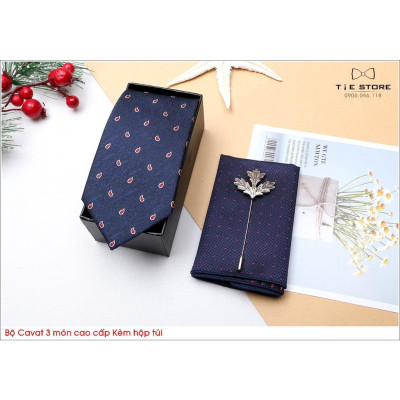 Ca Vat bộ 3 món kèm hộp túi xách cao cấp, quà tặng chú rể, Cavat họa tiết chấm