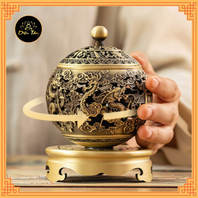 Lư xông trầm hương Lư đồng hình ngũ long chầu nguyệt lư đốt trầm tặng trụ, lót chống cháy thờ cúng phong thủy - lư xoay