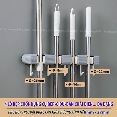 Giá Đỡ Chổi 4 Lỗ Kẹp Cây Lau Nhà 5 Móc Treo Khăn Bàn Chải Cọ Tắm Đa Năng Hamart Dán Tường Siêu Dính