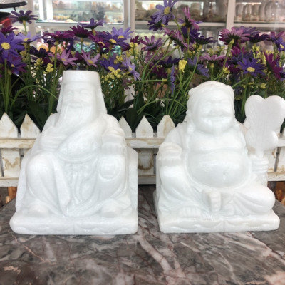 Bộ tượng thờ Tài Địa Thần Tài Thổ Địa đá cẩm thạch trắng - Cao 15 cm