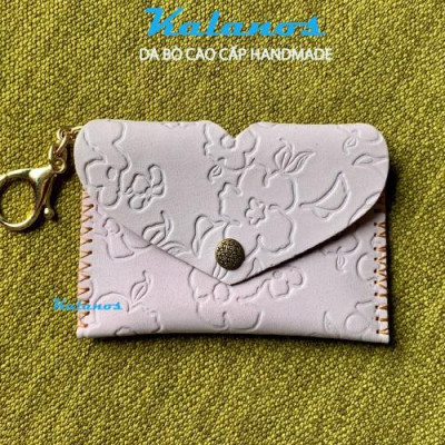 Ví nữ mini móc khóa nhỏ gọn da bò cao cấp handmade với nắp cách điệu hình trái tim độc đáo KMKN40-Hong
