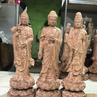 Bộ  tượng phật tam thánh bằng gỗ hương đá kt cao 50×15×15cm
